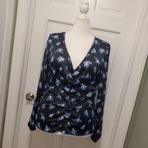 H&M Black Floral Women's Satin Feel Top, Size Large, Ruched